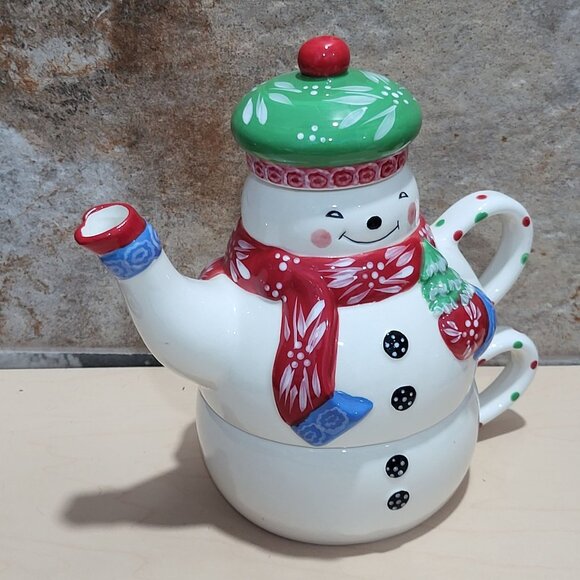 Temptations by Tara 3 Piece Ceramic Stacking Snowman Teapot Mug Cup Set - Picture 8 of 11